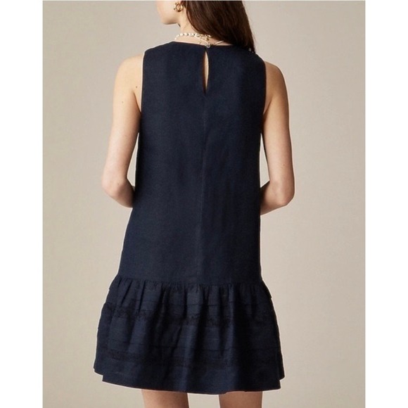 NWT!! J. CREW Maxine Ruffle Trim Dress Linen Navy Blue Drop Waist Lace Large - Picture 8 of 15